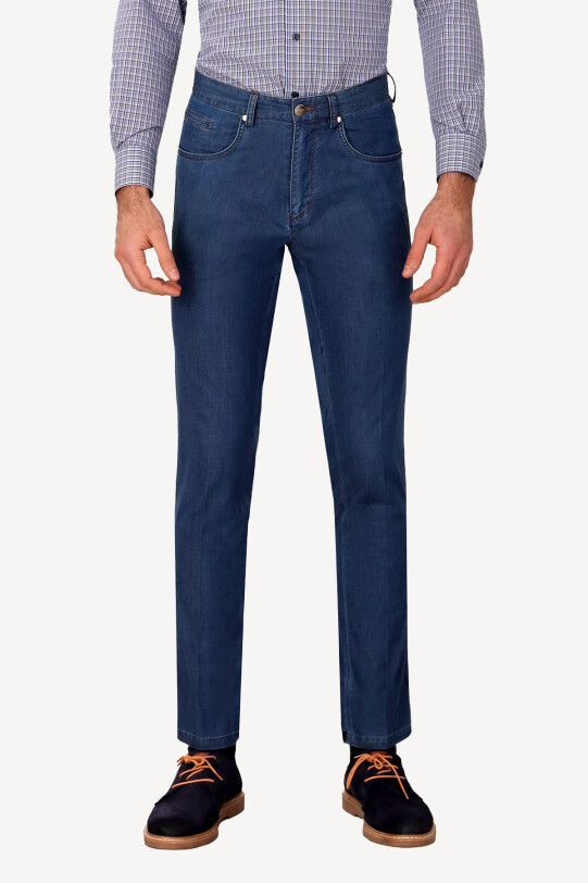 Erkek Mavi Üstten Cepli Spor Kot Pantolon