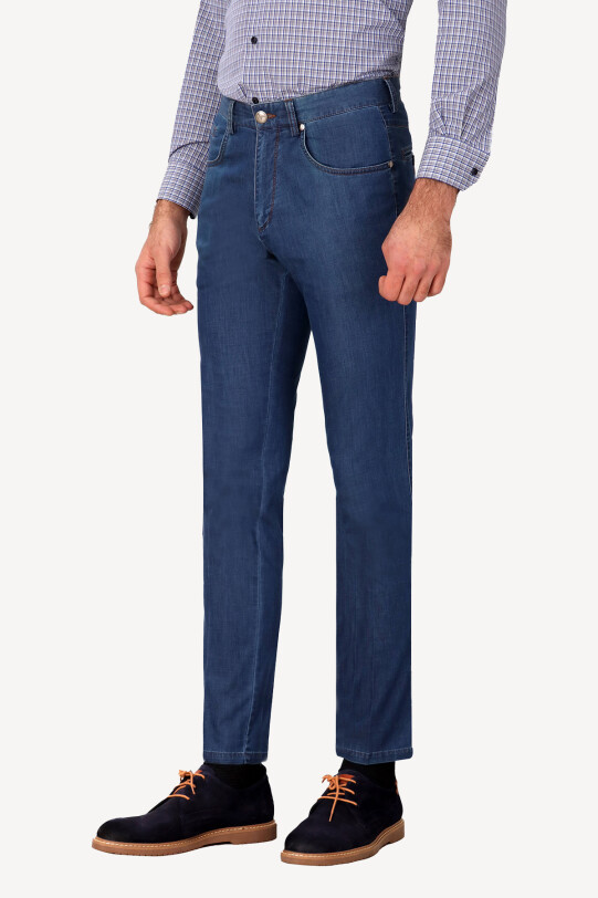 Erkek Mavi Üstten Cepli Spor Kot Pantolon