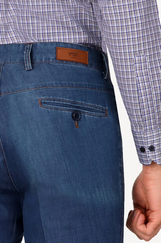 Erkek Mavi Üstten Cepli Spor Kot Pantolon