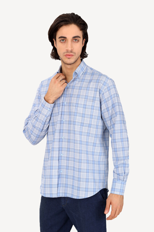 Erkek Mavi Uzun Kol Kareli Gömlek