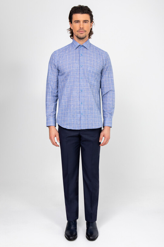 Erkek Mavi Uzun Kol Kareli Regular Fit Gömlek