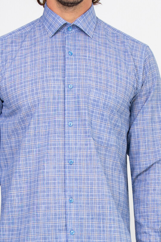 Erkek Mavi Uzun Kol Kareli Regular Fit Gömlek
