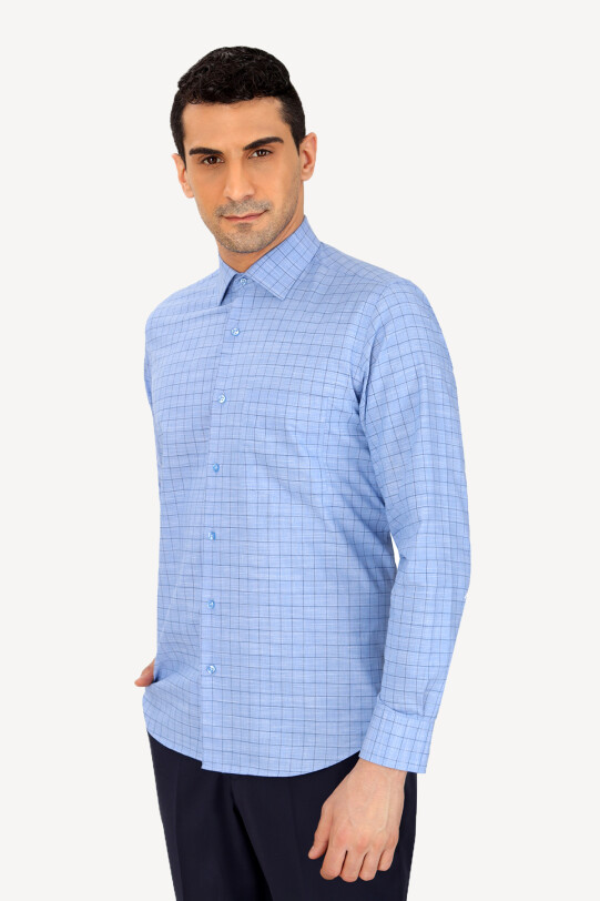 Erkek Mavi Uzun Kol Klasik Kareli Gömlek