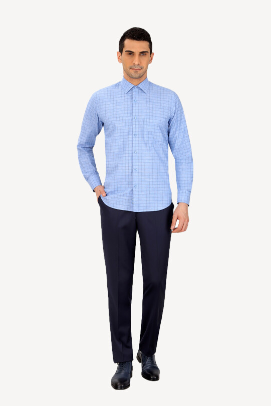 Erkek Mavi Uzun Kol Klasik Kareli Gömlek