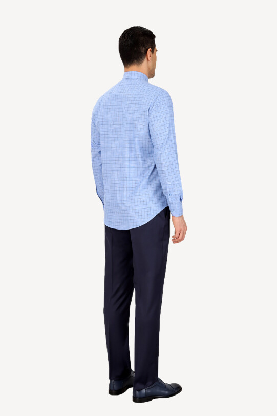 Erkek Mavi Uzun Kol Klasik Kareli Gömlek