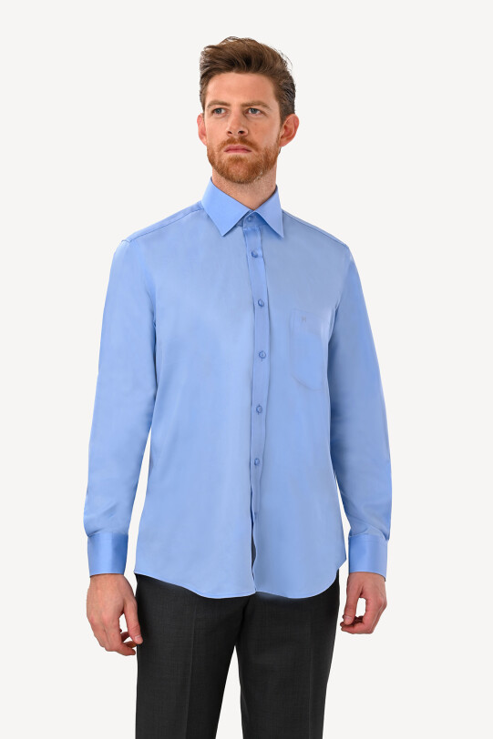 Erkek Mavi Uzun Kol Klasik Saten Gömlek