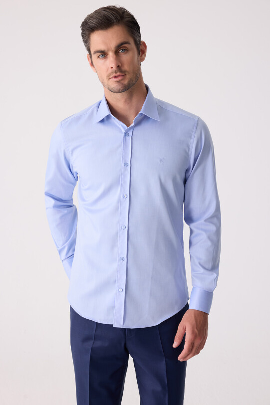 Erkek Mavi Uzun Kol Slim Fit Gömlek