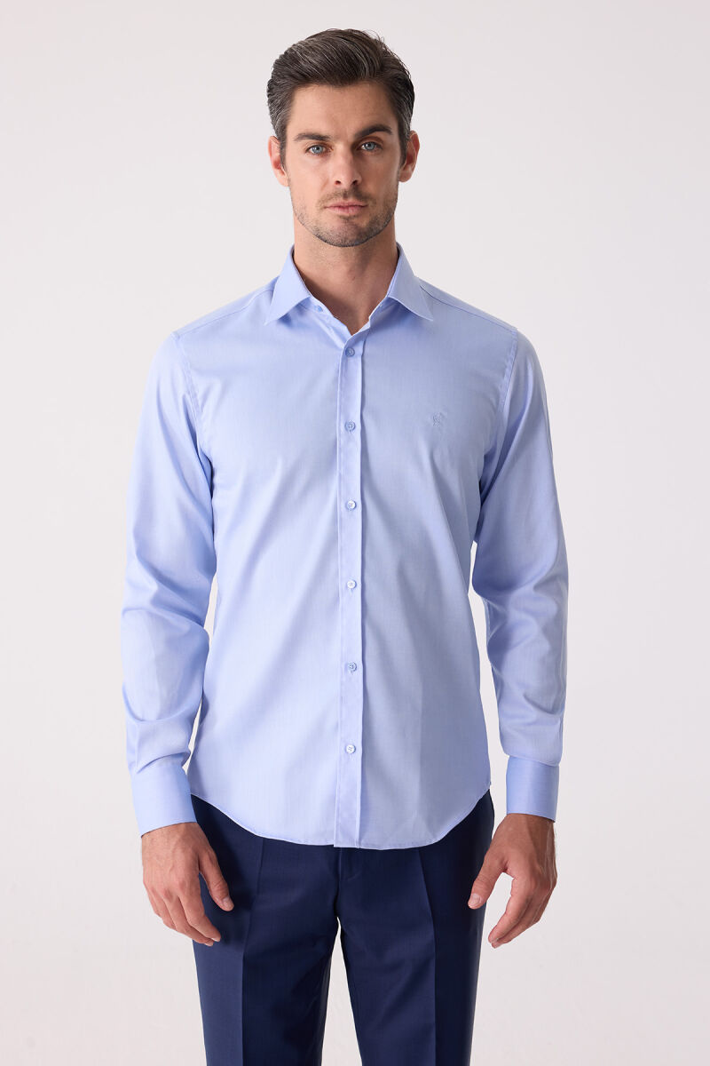 Erkek Mavi Uzun Kol Slim Fit Gömlek - 2