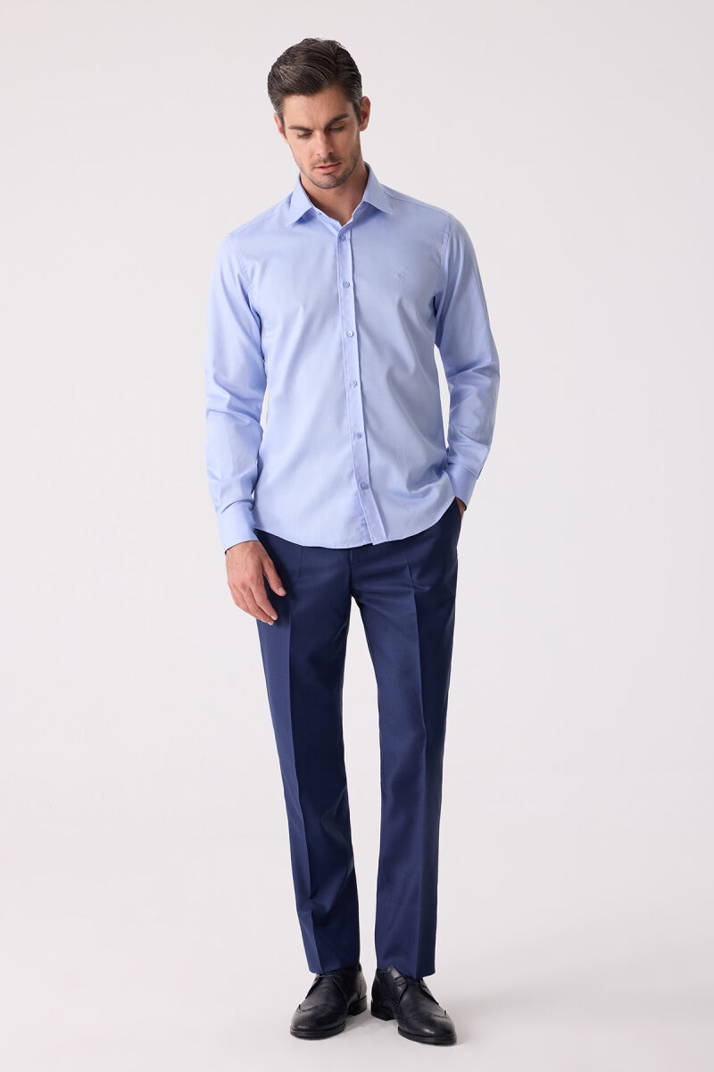 Erkek Mavi Uzun Kol Slim Fit Gömlek - 3