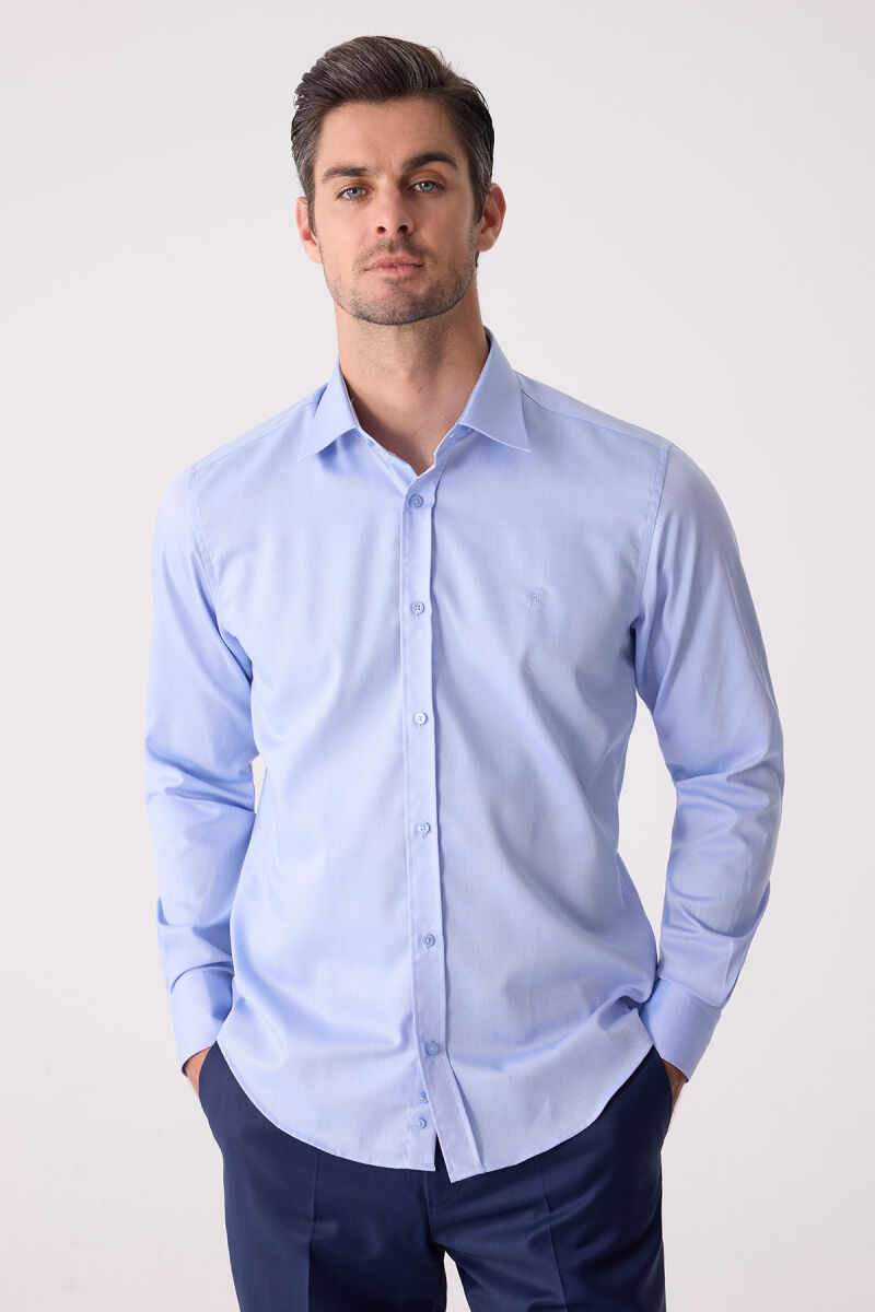 Erkek Mavi Uzun Kol Slim Fit Gömlek - 4
