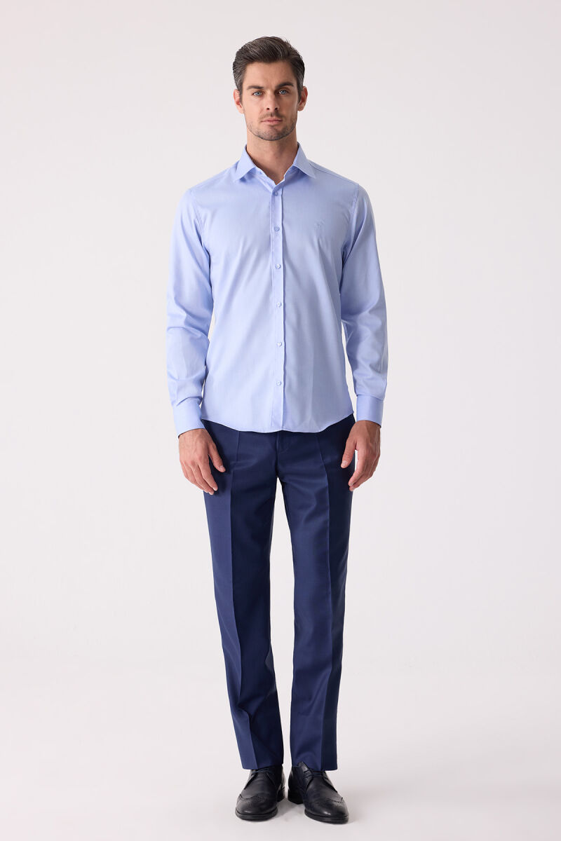 Erkek Mavi Uzun Kol Slim Fit Gömlek - 5