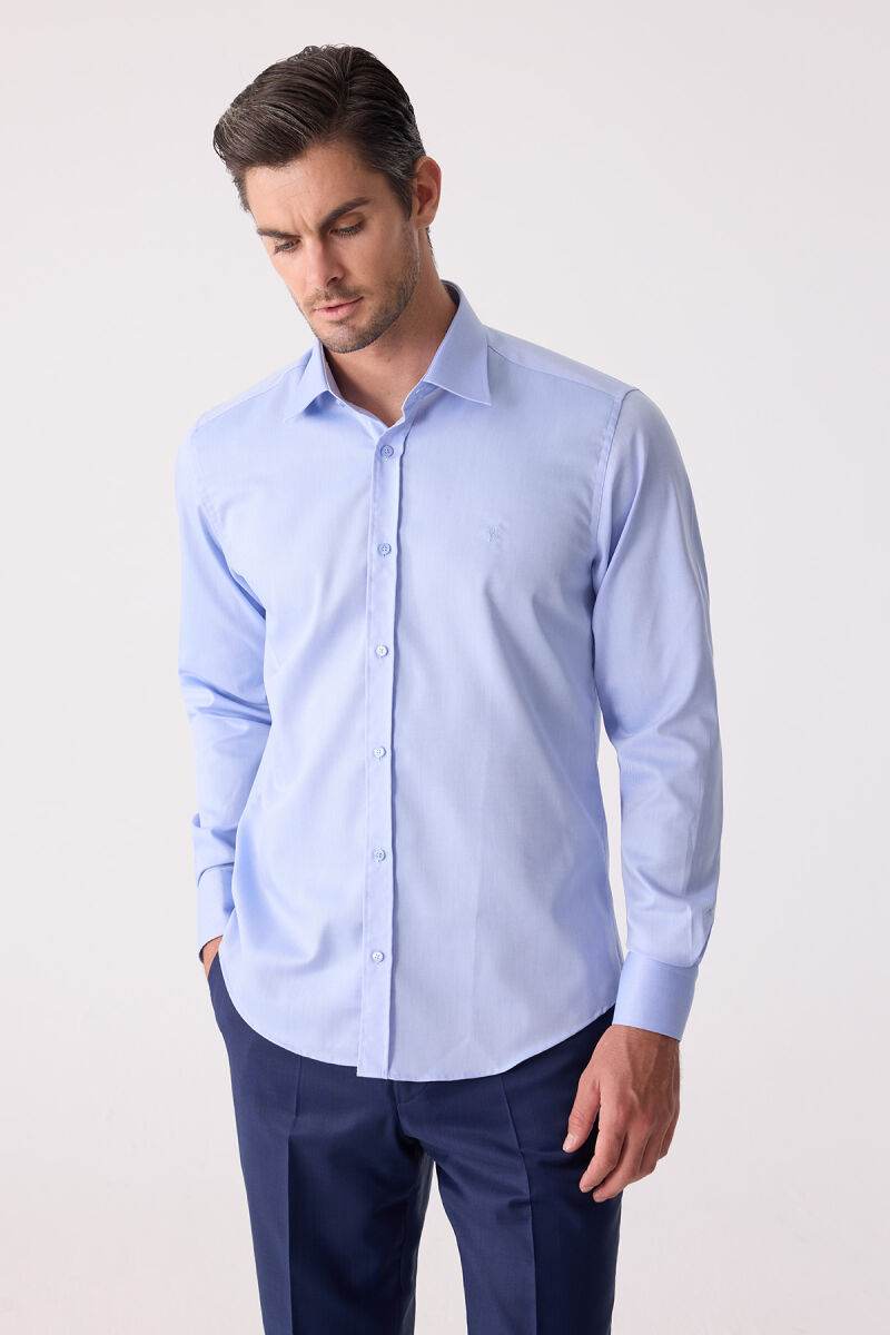 Erkek Mavi Uzun Kol Slim Fit Gömlek - 6