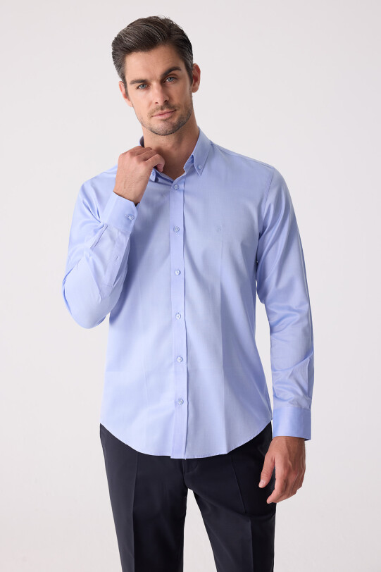 Erkek Mavi Uzun Kol Slim Fit Yaka Düğmeli Gömlek