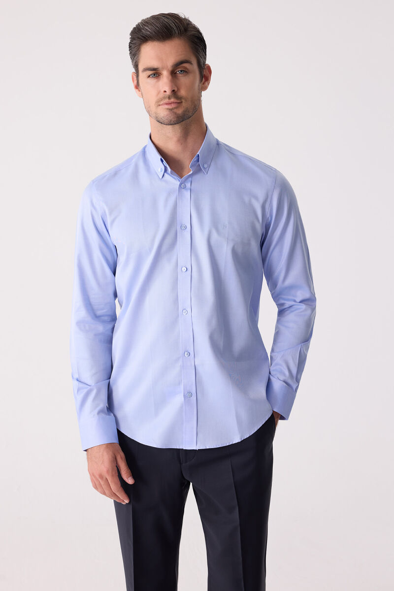 Erkek Mavi Uzun Kol Slim Fit Yaka Düğmeli Gömlek - 2