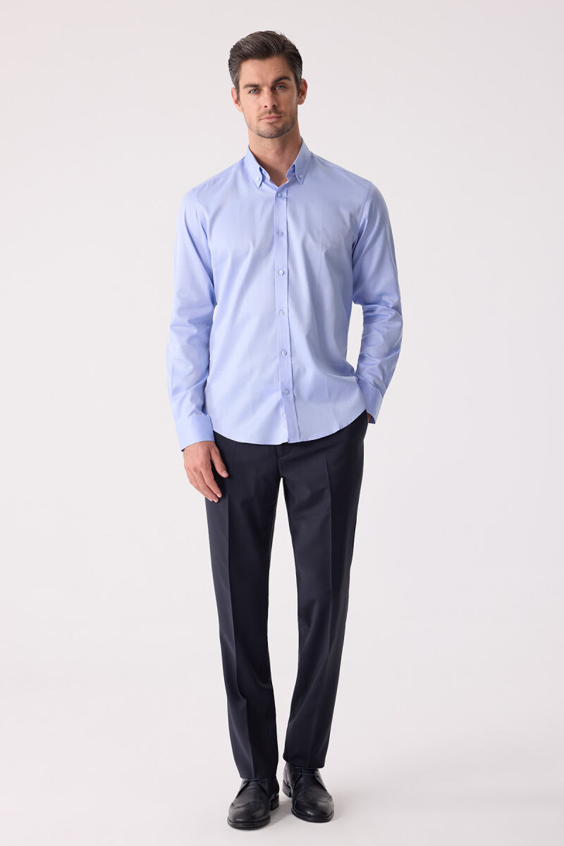 Erkek Mavi Uzun Kol Slim Fit Yaka Düğmeli Gömlek - 3