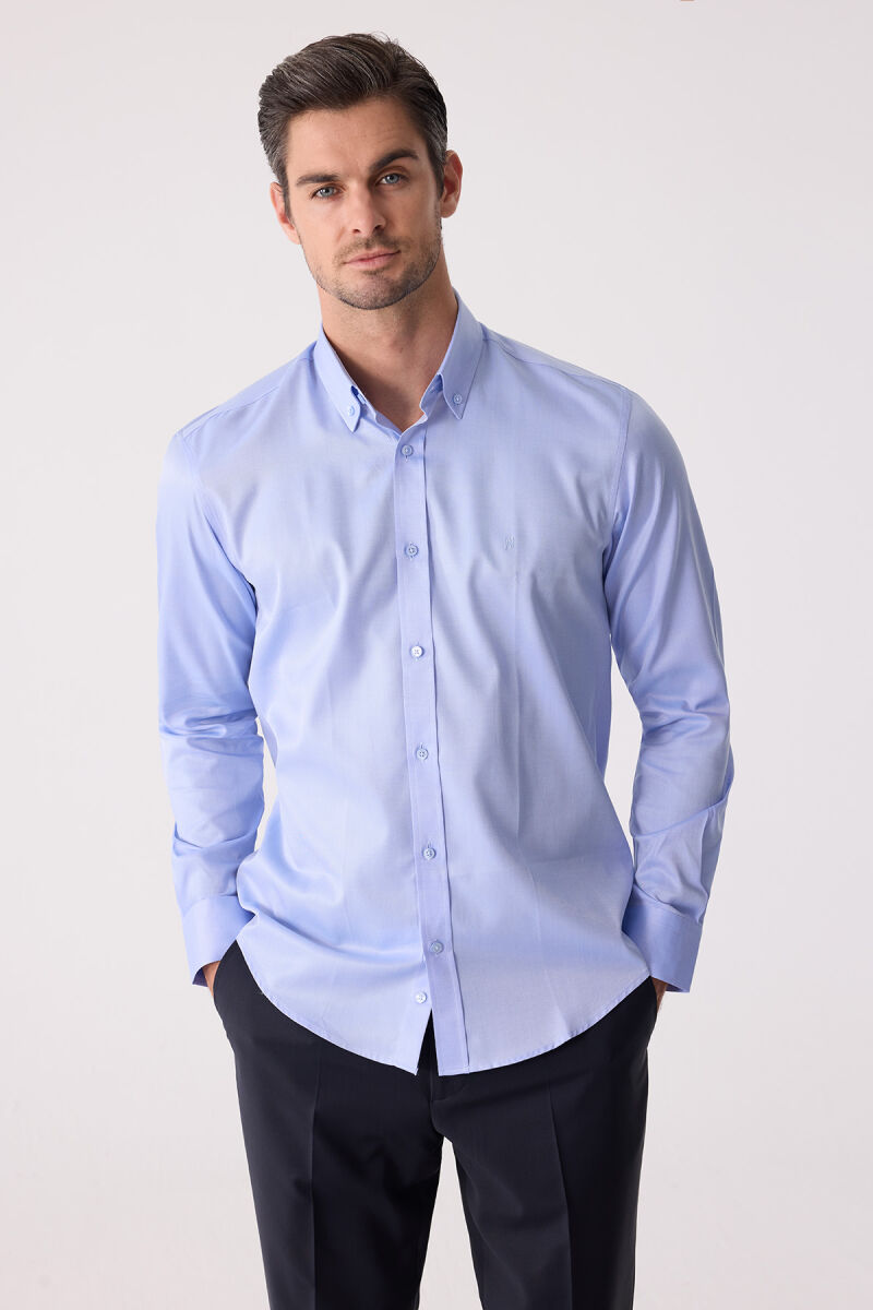 Erkek Mavi Uzun Kol Slim Fit Yaka Düğmeli Gömlek - 4