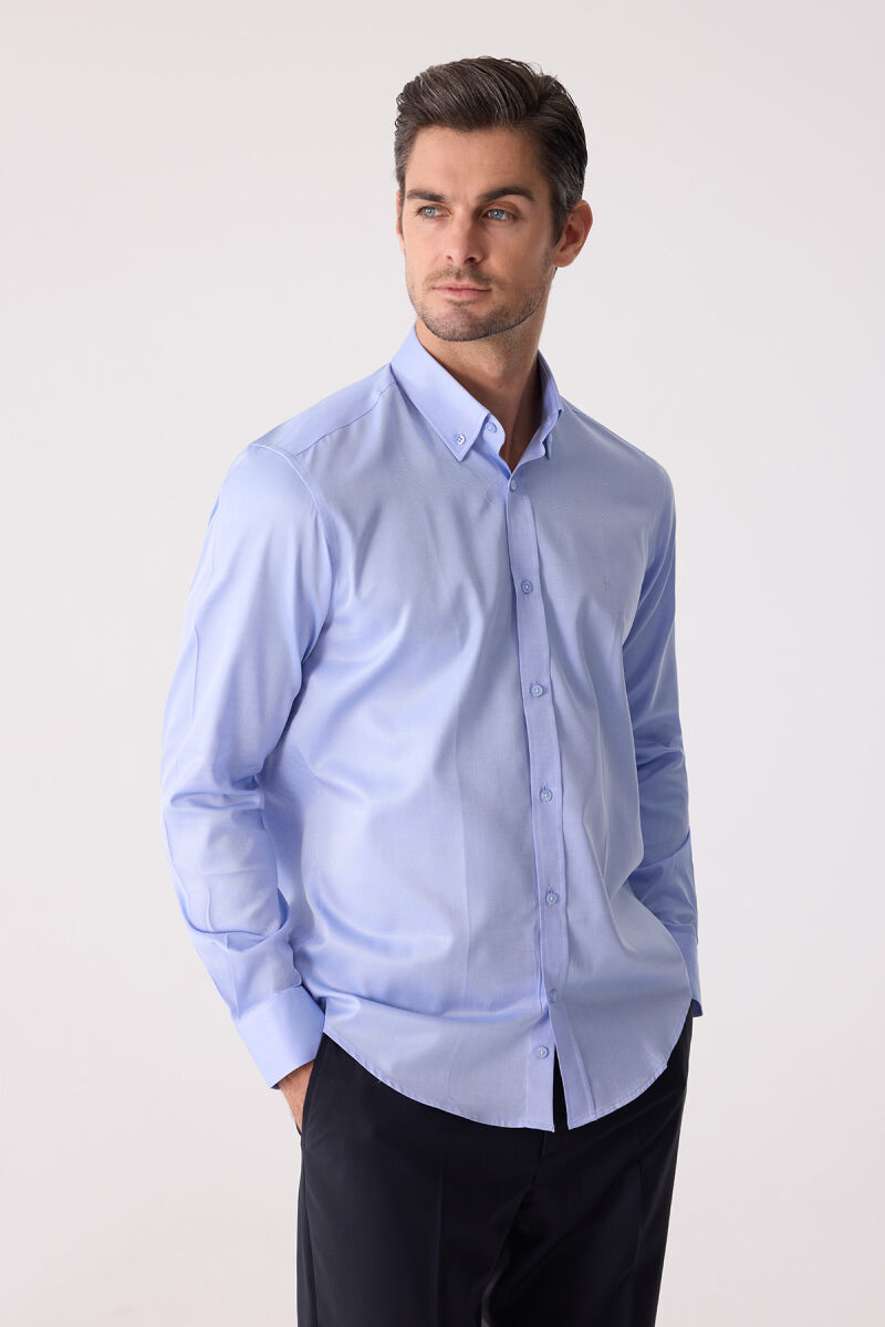 Erkek Mavi Uzun Kol Slim Fit Yaka Düğmeli Gömlek - 6