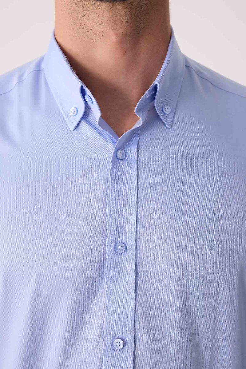 Erkek Mavi Uzun Kol Slim Fit Yaka Düğmeli Gömlek - 7