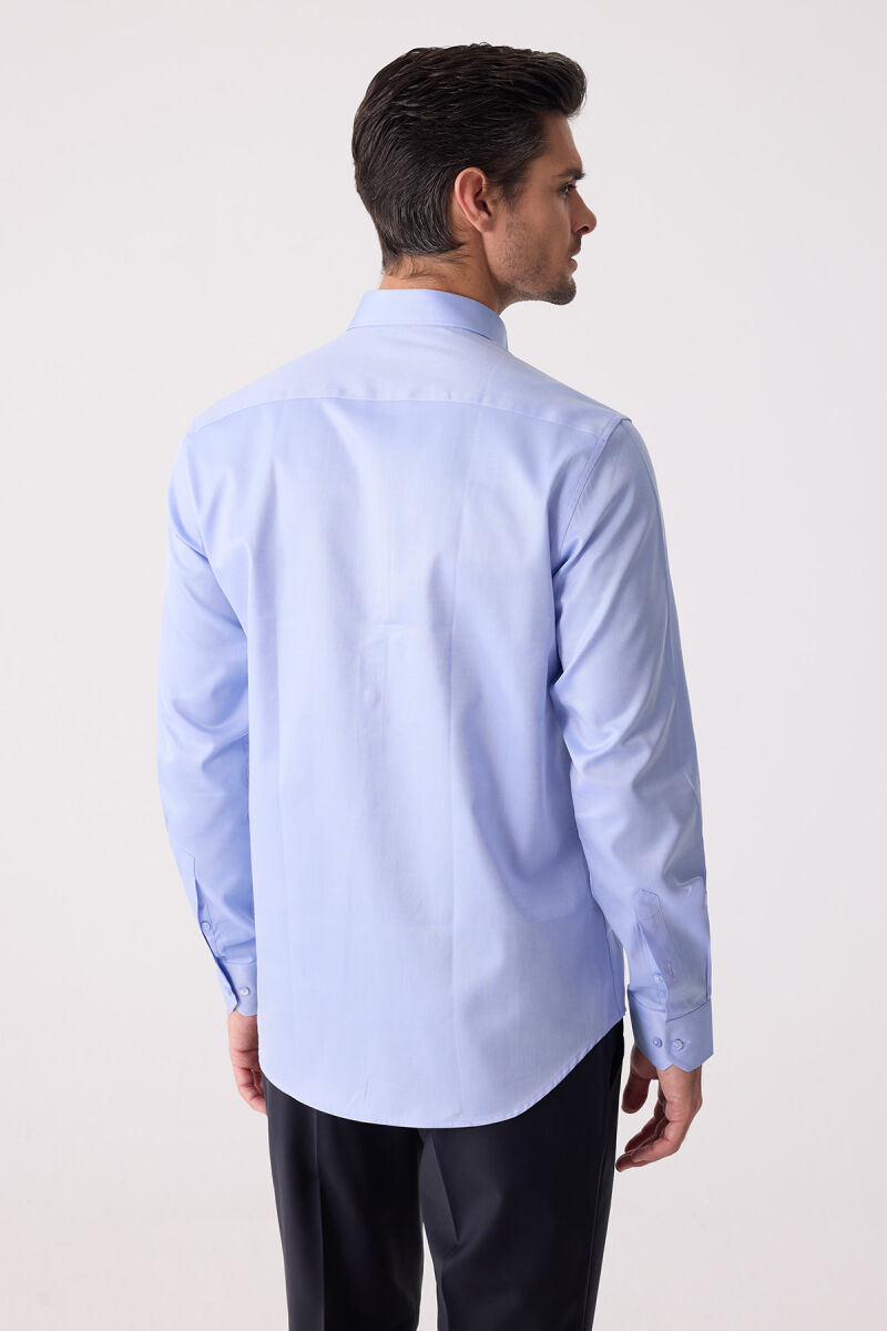 Erkek Mavi Uzun Kol Slim Fit Yaka Düğmeli Gömlek - 8