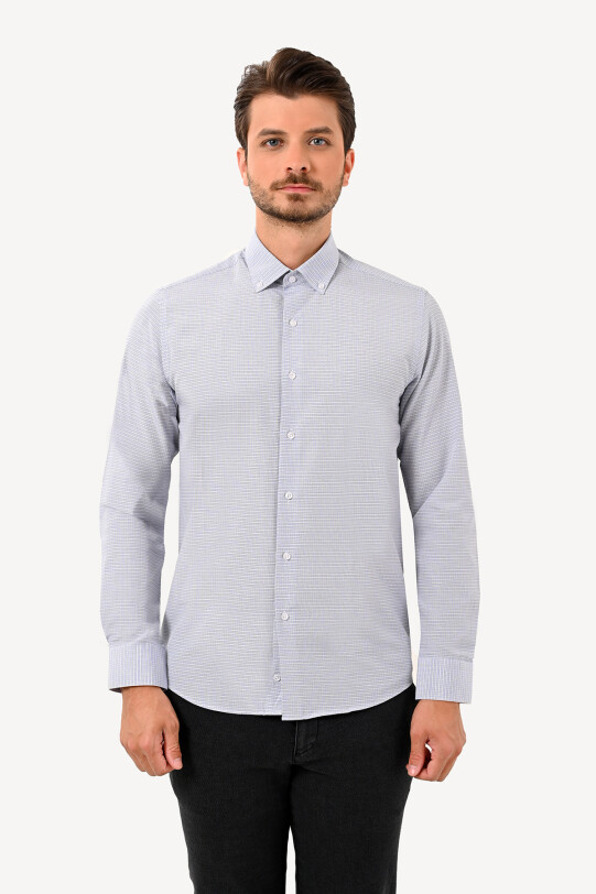 Erkek Mavi Uzun Kol Yaka Düğmeli Slim Fit Gömlek