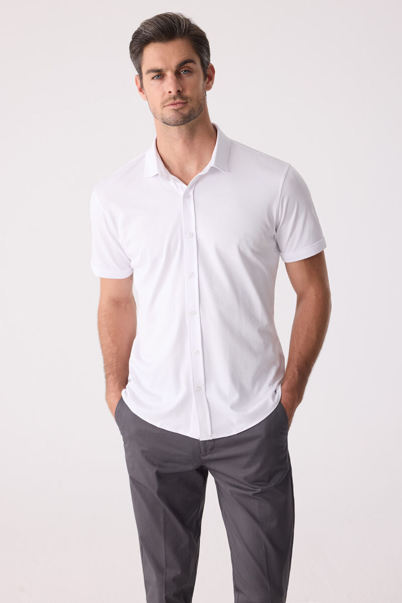 Erkek Beyaz Merserize Kısa Kol Gömlek - 4