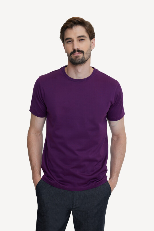 Erkek Mor Bisiklet Yaka Pamuklu T-shirt