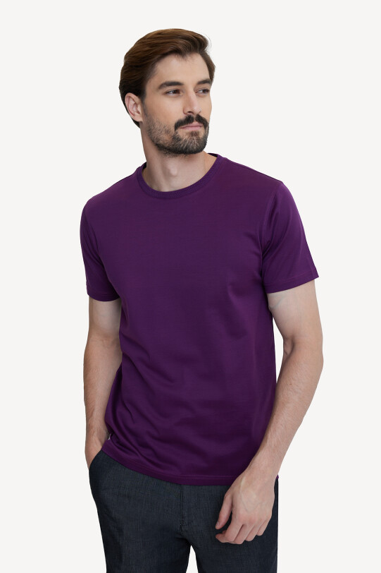 Erkek Mor Bisiklet Yaka Pamuklu T-shirt