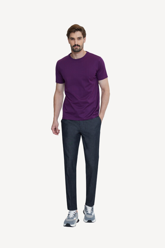 Erkek Mor Bisiklet Yaka Pamuklu T-shirt
