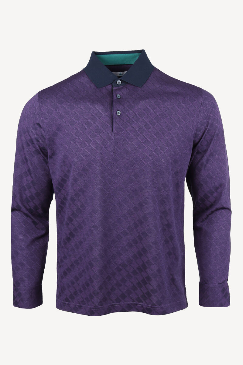 Erkek Mor Klasik Desenli Polo Yaka Sweatshirt - 1