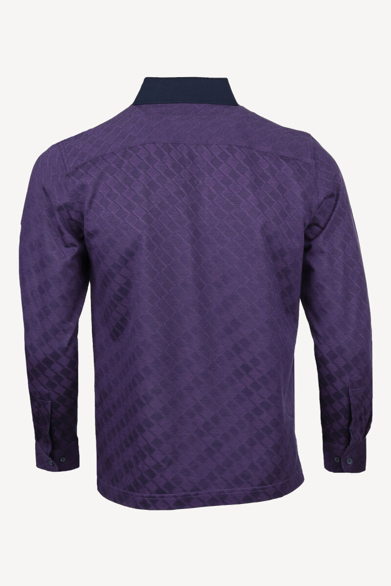 Erkek Mor Klasik Desenli Polo Yaka Sweatshirt - 2