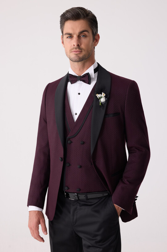 Erkek Mürdüm Çıkma Şal Yaka Slim Fit Damatlık