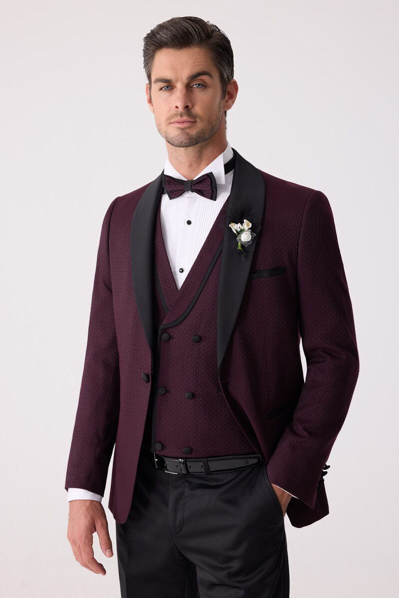 Erkek Mürdüm Çıkma Şal Yaka Slim Fit Damatlık - 1