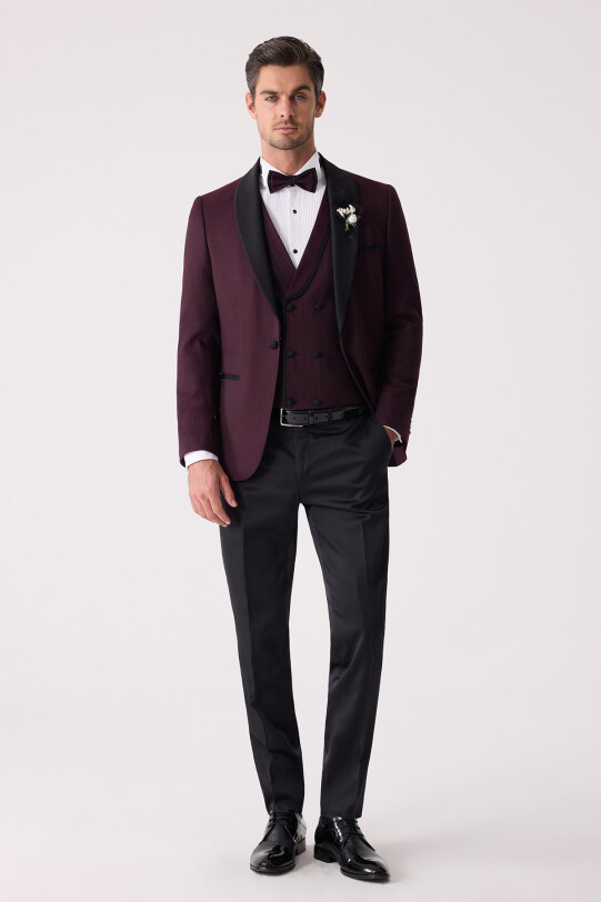 Erkek Mürdüm Çıkma Şal Yaka Slim Fit Damatlık