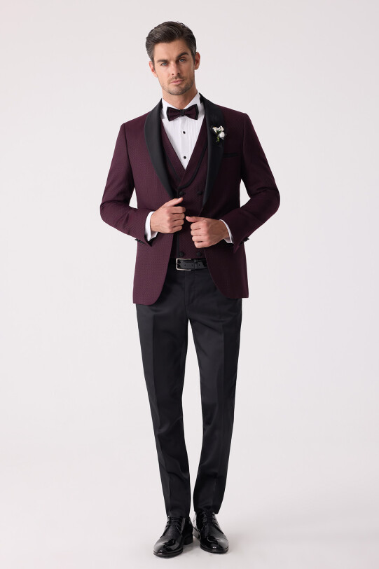 Erkek Mürdüm Çıkma Şal Yaka Slim Fit Damatlık