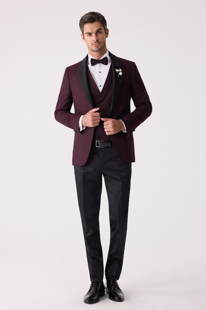 Erkek Mürdüm Çıkma Şal Yaka Slim Fit Damatlık - 3