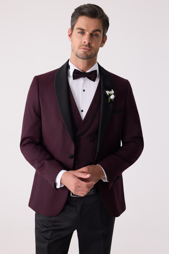 Erkek Mürdüm Çıkma Şal Yaka Slim Fit Damatlık