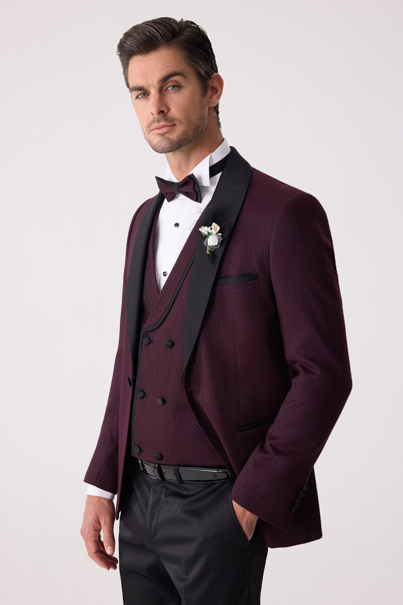 Erkek Mürdüm Çıkma Şal Yaka Slim Fit Damatlık - 5