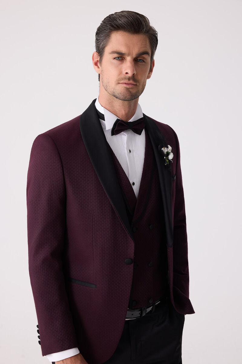 Erkek Mürdüm Çıkma Şal Yaka Slim Fit Damatlık - 6