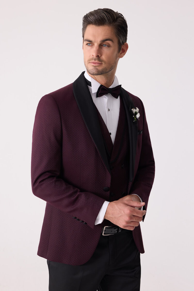 Erkek Mürdüm Çıkma Şal Yaka Slim Fit Damatlık - 7