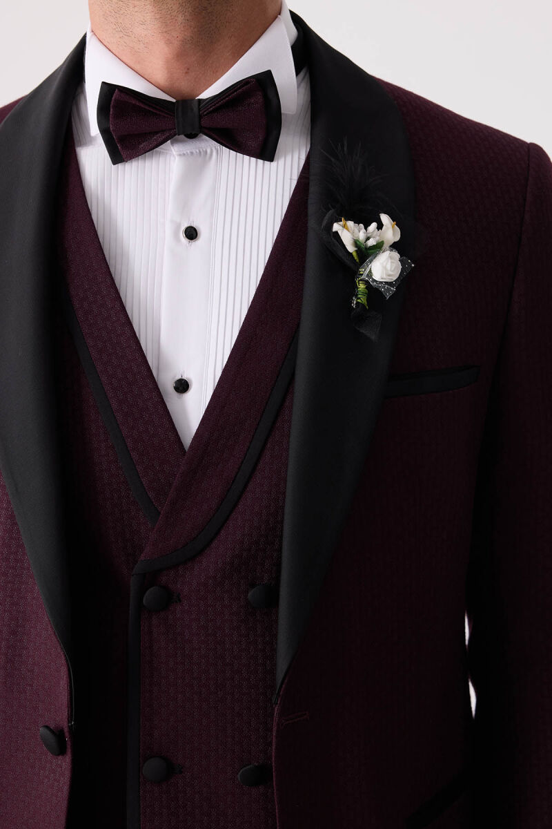 Erkek Mürdüm Çıkma Şal Yaka Slim Fit Damatlık - 8