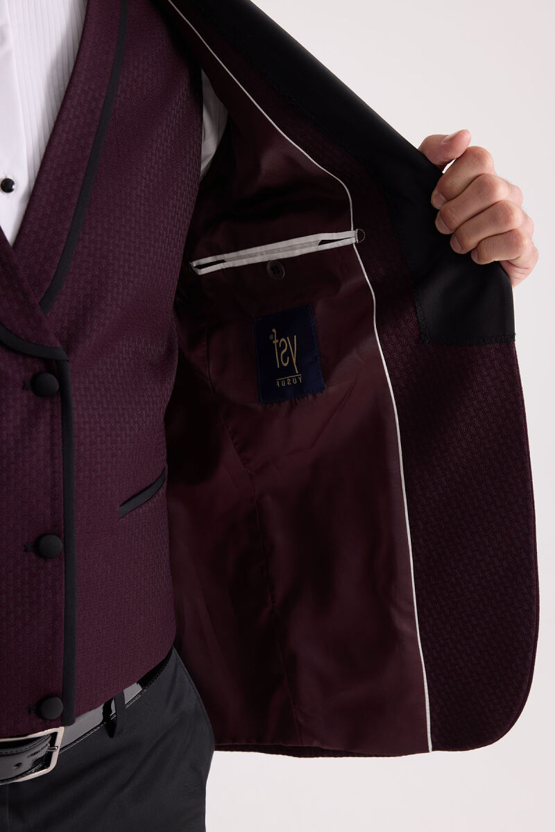 Erkek Mürdüm Çıkma Şal Yaka Slim Fit Damatlık - 9