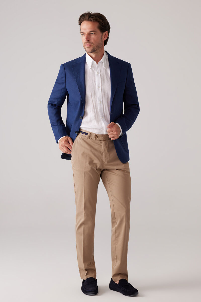Erkek Parlament Mono Yaka Torba Cep Puntolu %100 Keten Ceket - 5
