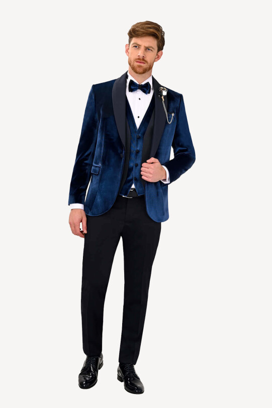 Erkek Parlament Şal Yaka Yelekli Slim Fit Damatlık