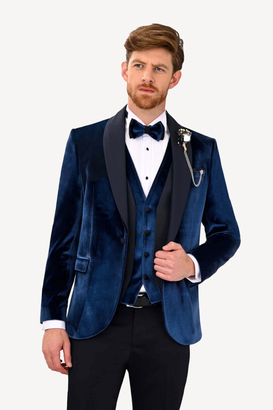 Erkek Parlament Şal Yaka Yelekli Slim Fit Damatlık