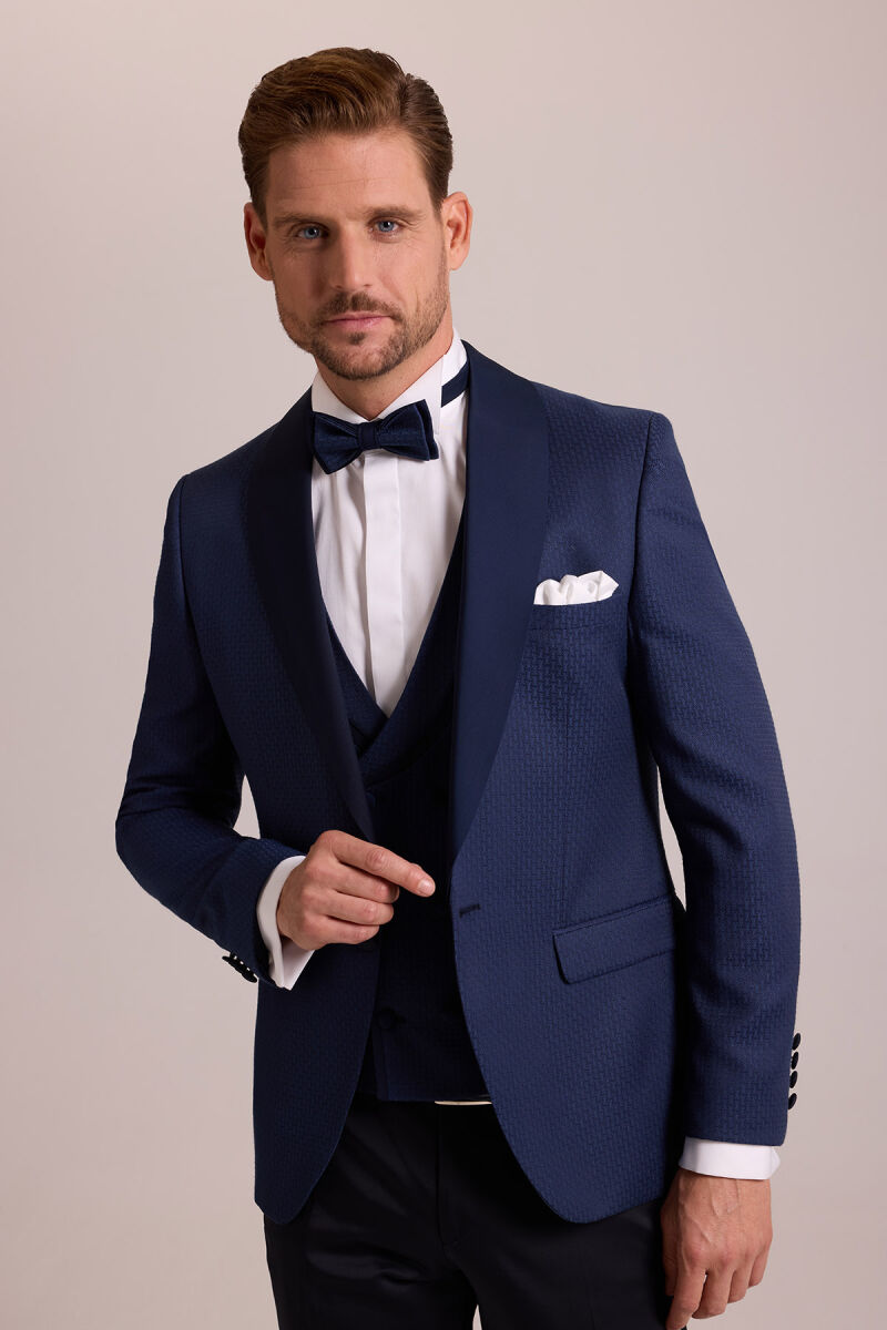 Erkek Parlament Slim Fit Şal Yaka Yelekli Damatlık - 5