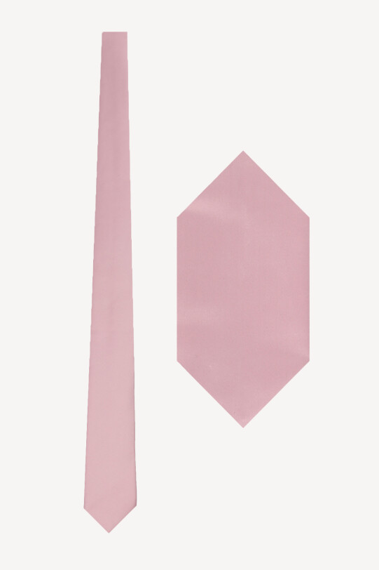 Erkek Pembe Düz Slim Kravat Mendil Set - YSF