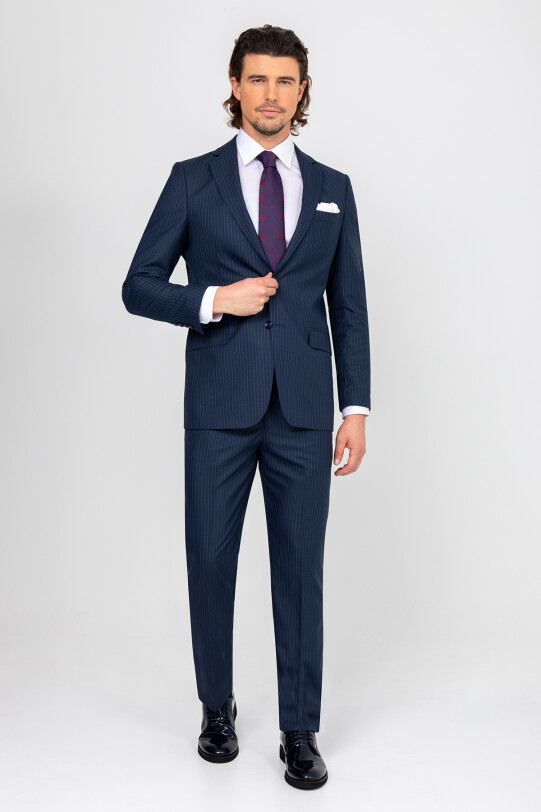Erkek Petrol Çizgili Regular Fit Takım Elbise