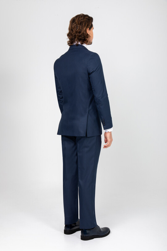 Erkek Petrol Çizgili Regular Fit Takım Elbise