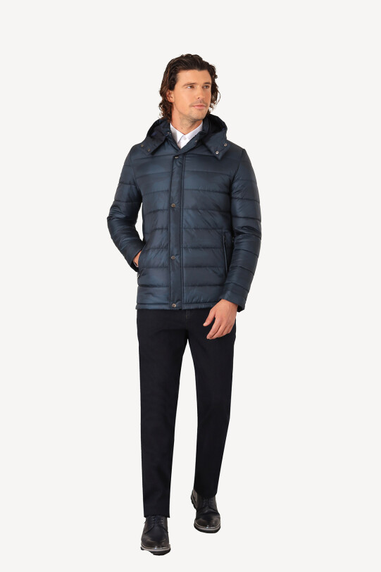 Erkek Petrol Regular Fit Kapüşonlu Desenli Kaban