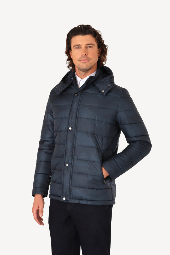 Erkek Petrol Regular Fit Kapüşonlu Desenli Kaban